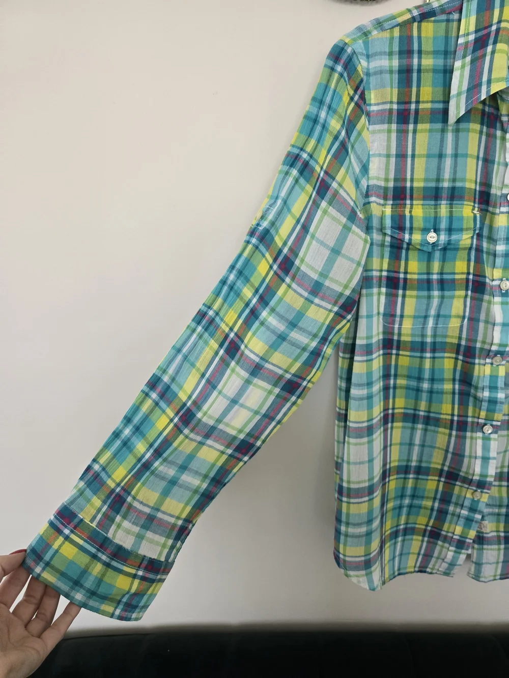 Ralph Lauren Plaid Button-Down Shirt in Aqua, Yellow & Green Cotton Size L Y2K - Picture 3 of 8
